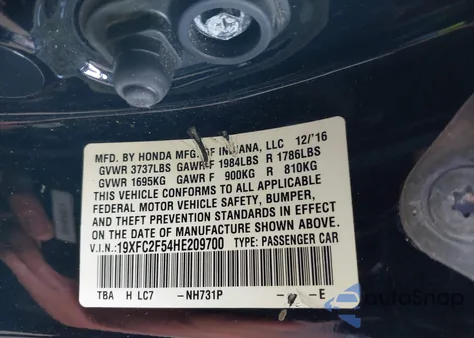 2017 Honda Civic Lx z USA, uszkodzony, nr VIN 19XFC2F54HE209700